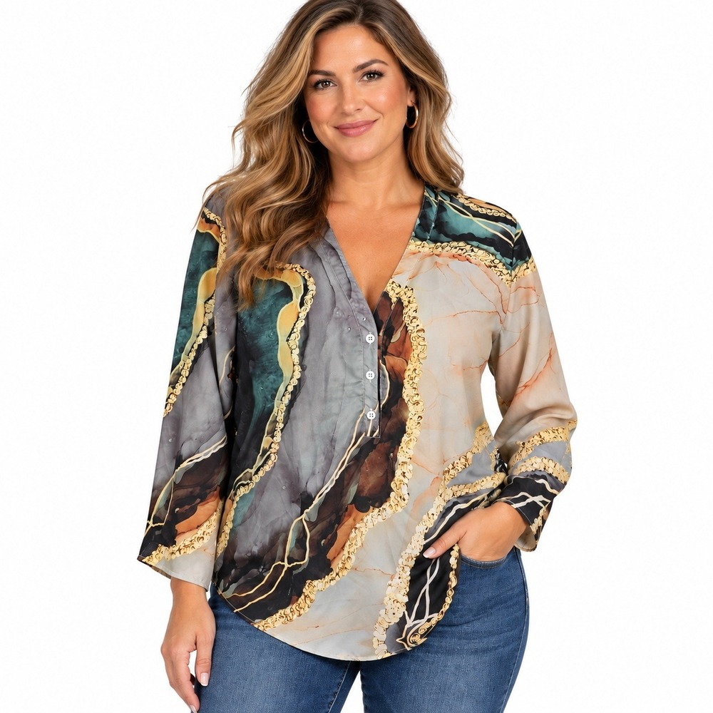 Womens Geode Marble Print Henley Tunic Blouse XL Teal Gold Long Sleeve